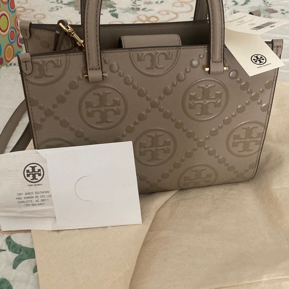 Tory Burch t monogram Taupe embossed tote Bag NWT!